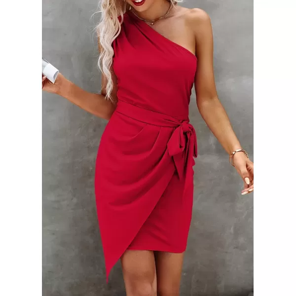 imagePRETTYGARDEN Womens Fashion One Shoulder Ruched Bodycon Fitted Cocktail Party Mini DressRed