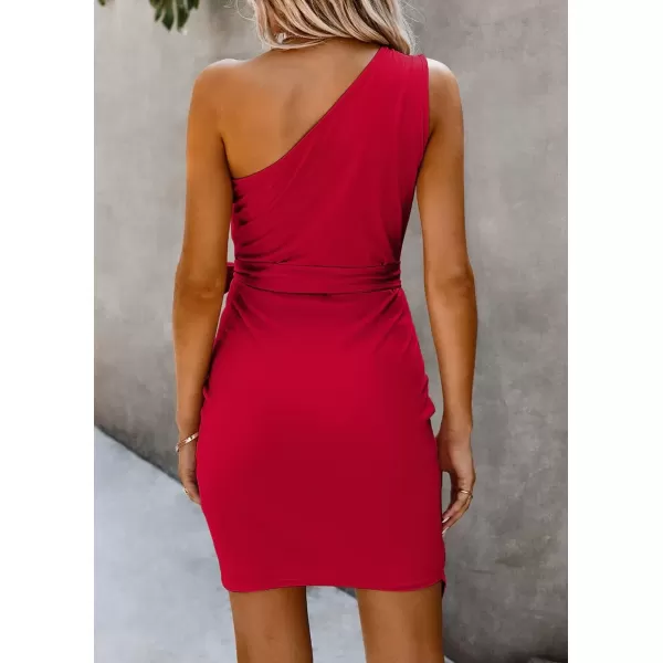 imagePRETTYGARDEN Womens Fashion One Shoulder Ruched Bodycon Fitted Cocktail Party Mini DressRed