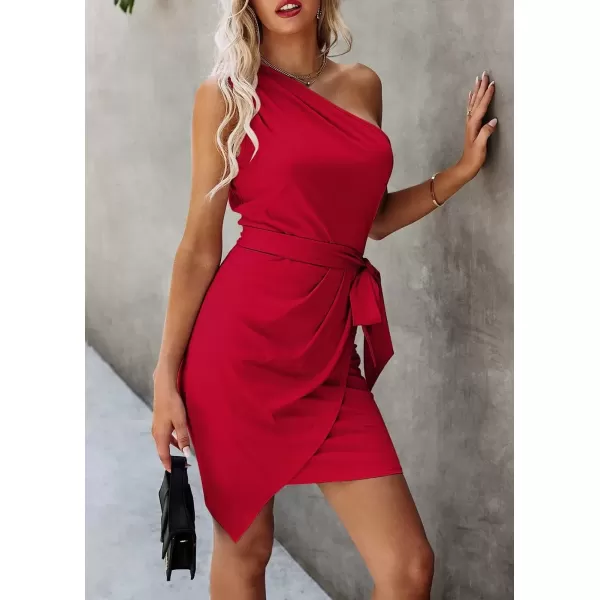 imagePRETTYGARDEN Womens Fashion One Shoulder Ruched Bodycon Fitted Cocktail Party Mini DressRed