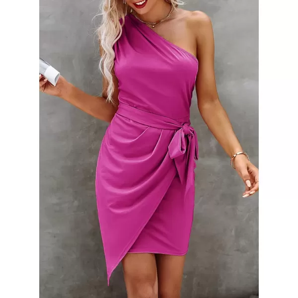 imagePRETTYGARDEN Womens Fashion One Shoulder Ruched Bodycon Fitted Cocktail Party Mini DressRose Red