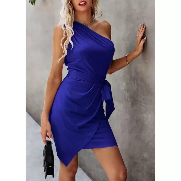imagePRETTYGARDEN Womens Fashion One Shoulder Ruched Bodycon Fitted Cocktail Party Mini DressRoyal Blue