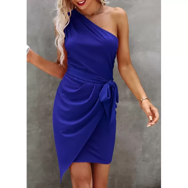 imagePRETTYGARDEN Womens Fashion One Shoulder Ruched Bodycon Fitted Cocktail Party Mini DressRoyal Blue