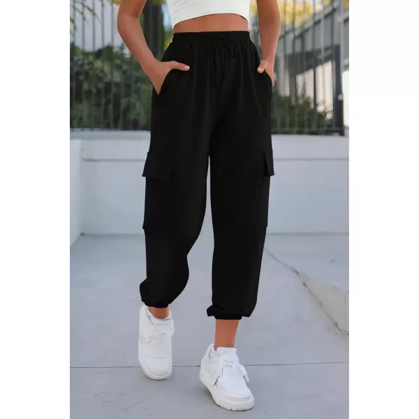 imagePRETTYGARDEN Womens Summer Cargo Sweatpants Casual Elastic High Waisted Lounge Jogger Pants with PocketsBlack