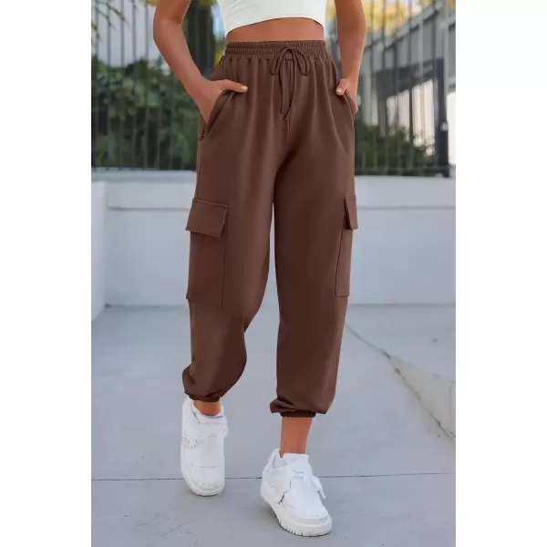 imagePRETTYGARDEN Womens Summer Cargo Sweatpants Casual Elastic High Waisted Lounge Jogger Pants with PocketsCoffee