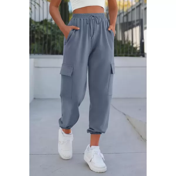 imagePRETTYGARDEN Womens Summer Cargo Sweatpants Casual Elastic High Waisted Lounge Jogger Pants with PocketsGrey Blue