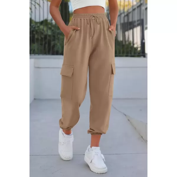 imagePRETTYGARDEN Womens Summer Cargo Sweatpants Casual Elastic High Waisted Lounge Jogger Pants with PocketsKhaki
