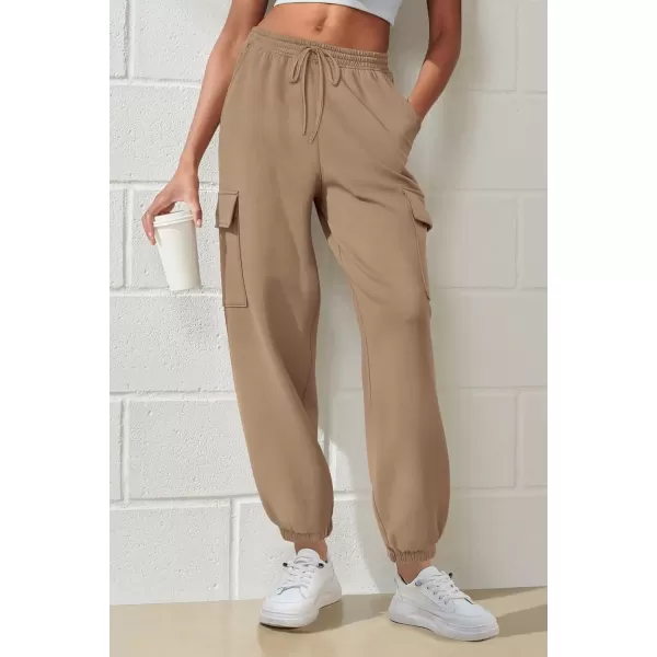 imagePRETTYGARDEN Womens Summer Cargo Sweatpants Casual Elastic High Waisted Lounge Jogger Pants with PocketsKhaki