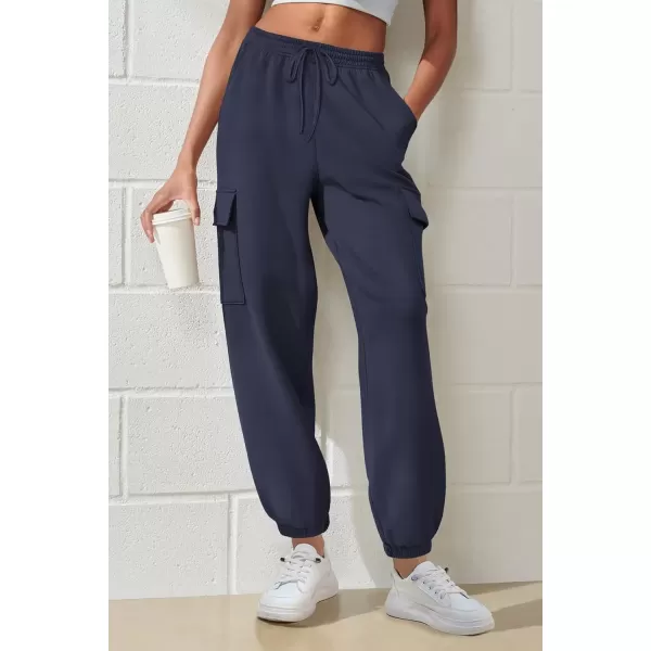 imagePRETTYGARDEN Womens Summer Cargo Sweatpants Casual Elastic High Waisted Lounge Jogger Pants with PocketsNavy