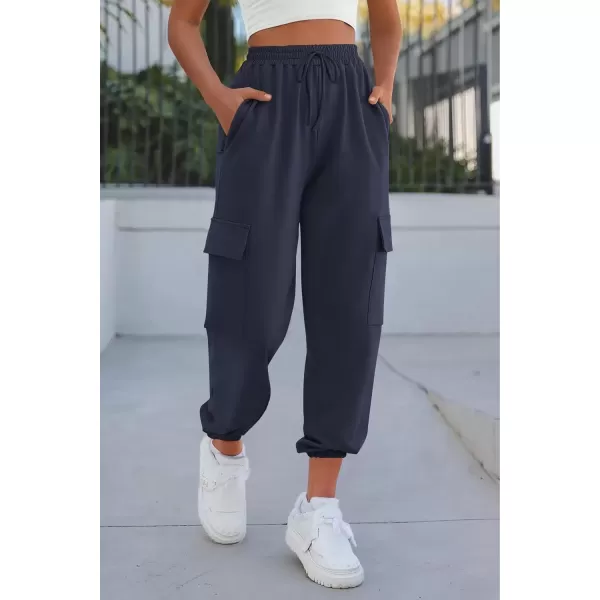 imagePRETTYGARDEN Womens Summer Cargo Sweatpants Casual Elastic High Waisted Lounge Jogger Pants with PocketsNavy