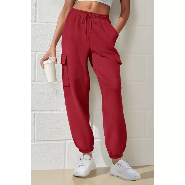 imagePRETTYGARDEN Womens Summer Cargo Sweatpants Casual Elastic High Waisted Lounge Jogger Pants with PocketsWine Red