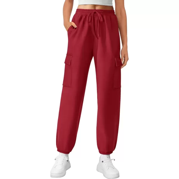 imagePRETTYGARDEN Womens Summer Cargo Sweatpants Casual Elastic High Waisted Lounge Jogger Pants with PocketsWine Red
