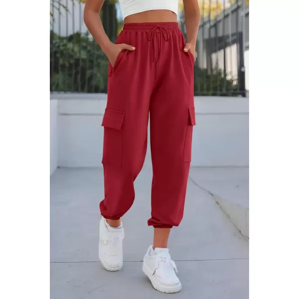 imagePRETTYGARDEN Womens Summer Cargo Sweatpants Casual Elastic High Waisted Lounge Jogger Pants with PocketsWine Red