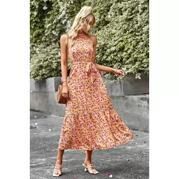 imagePRETTYGARDEN Womens Summer Floral Maxi Sun Dress Sleeveless Halter Neck Flowy Ruffle Hem Long Boho Dresses with BeltFloral Apricot