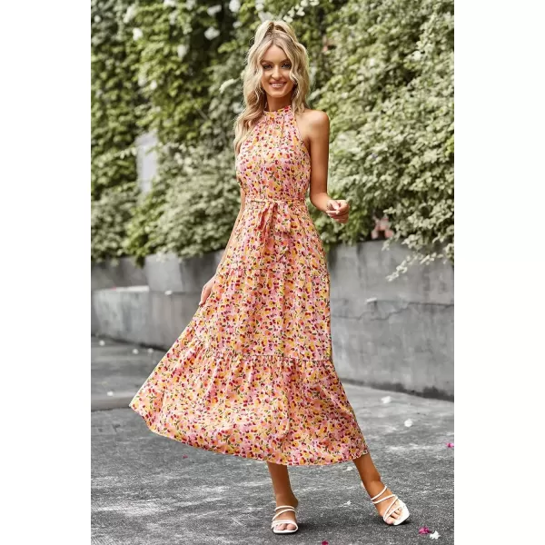 imagePRETTYGARDEN Womens Summer Floral Maxi Sun Dress Sleeveless Halter Neck Flowy Ruffle Hem Long Boho Dresses with BeltFloral Apricot