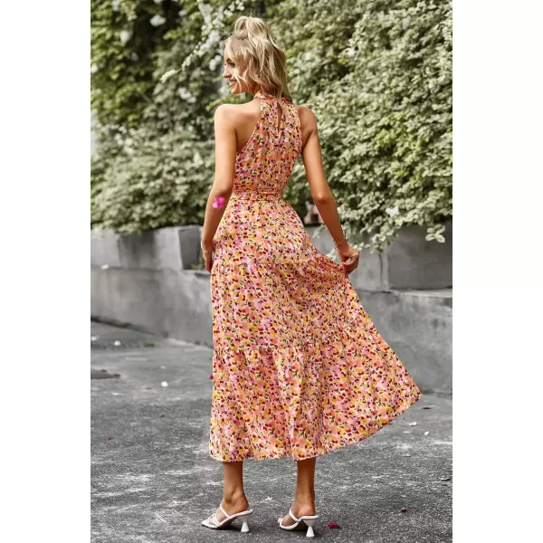 imagePRETTYGARDEN Womens Summer Floral Maxi Sun Dress Sleeveless Halter Neck Flowy Ruffle Hem Long Boho Dresses with BeltFloral Apricot