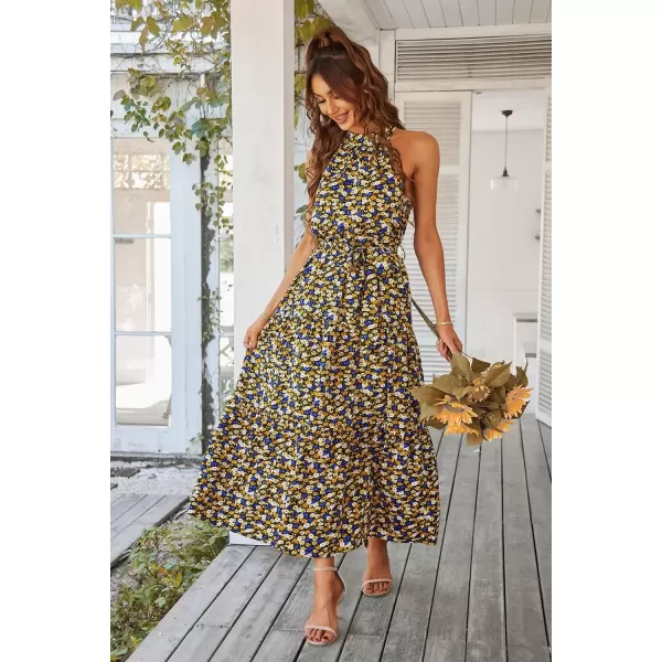 imagePRETTYGARDEN Womens Summer Floral Maxi Sun Dress Sleeveless Halter Neck Flowy Ruffle Hem Long Boho Dresses with BeltFloral Black