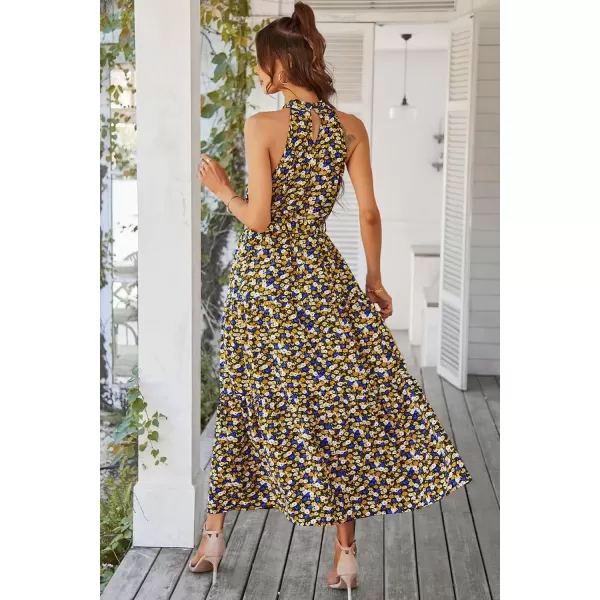 imagePRETTYGARDEN Womens Summer Floral Maxi Sun Dress Sleeveless Halter Neck Flowy Ruffle Hem Long Boho Dresses with BeltFloral Black