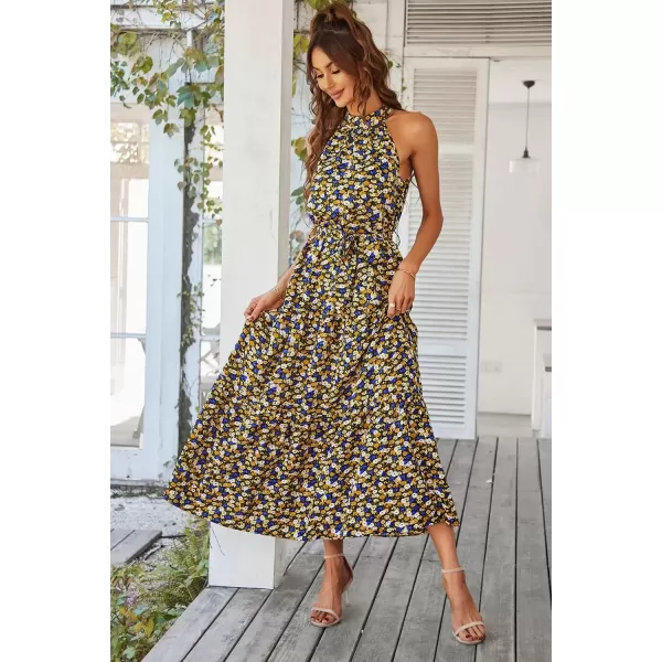 imagePRETTYGARDEN Womens Summer Floral Maxi Sun Dress Sleeveless Halter Neck Flowy Ruffle Hem Long Boho Dresses with BeltFloral Black