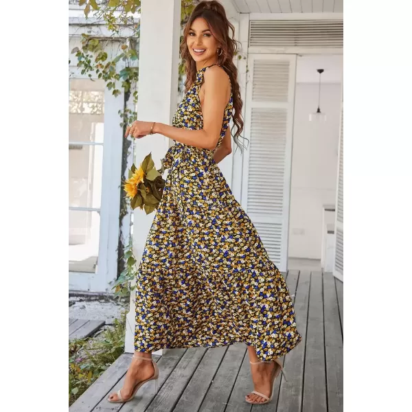 imagePRETTYGARDEN Womens Summer Floral Maxi Sun Dress Sleeveless Halter Neck Flowy Ruffle Hem Long Boho Dresses with BeltFloral Black