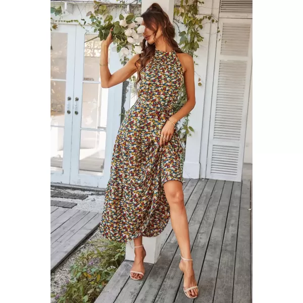 imagePRETTYGARDEN Womens Summer Floral Maxi Sun Dress Sleeveless Halter Neck Flowy Ruffle Hem Long Boho Dresses with BeltFloral Blue