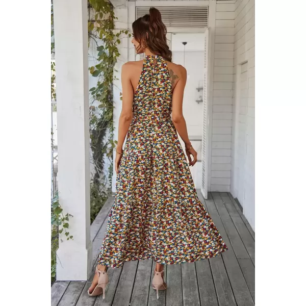 imagePRETTYGARDEN Womens Summer Floral Maxi Sun Dress Sleeveless Halter Neck Flowy Ruffle Hem Long Boho Dresses with BeltFloral Blue