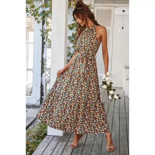 imagePRETTYGARDEN Womens Summer Floral Maxi Sun Dress Sleeveless Halter Neck Flowy Ruffle Hem Long Boho Dresses with BeltFloral Blue