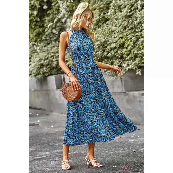 imagePRETTYGARDEN Womens Summer Floral Maxi Sun Dress Sleeveless Halter Neck Flowy Ruffle Hem Long Boho Dresses with BeltFloral Bright Blue