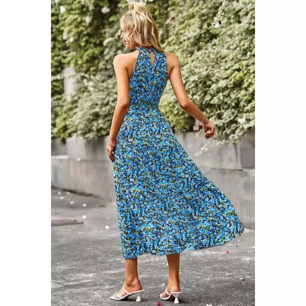 imagePRETTYGARDEN Womens Summer Floral Maxi Sun Dress Sleeveless Halter Neck Flowy Ruffle Hem Long Boho Dresses with BeltFloral Bright Blue