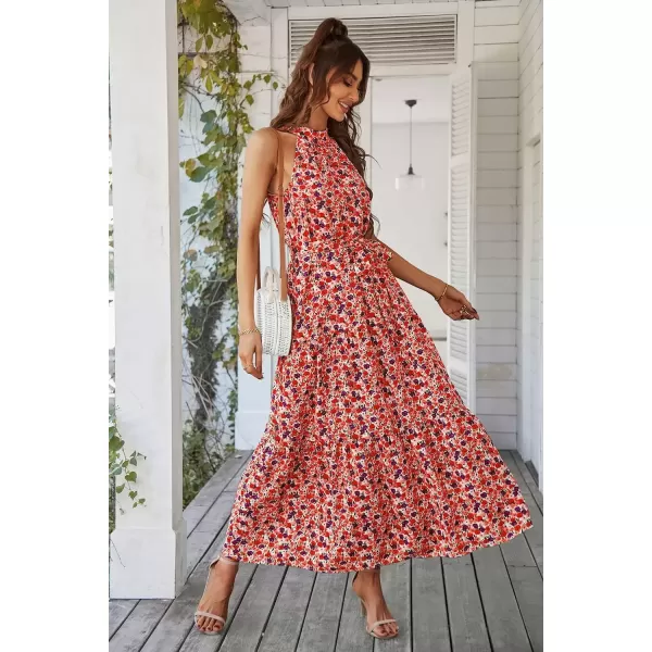 imagePRETTYGARDEN Womens Summer Floral Maxi Sun Dress Sleeveless Halter Neck Flowy Ruffle Hem Long Boho Dresses with BeltFloral Pink