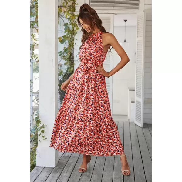 imagePRETTYGARDEN Womens Summer Floral Maxi Sun Dress Sleeveless Halter Neck Flowy Ruffle Hem Long Boho Dresses with BeltFloral Pink