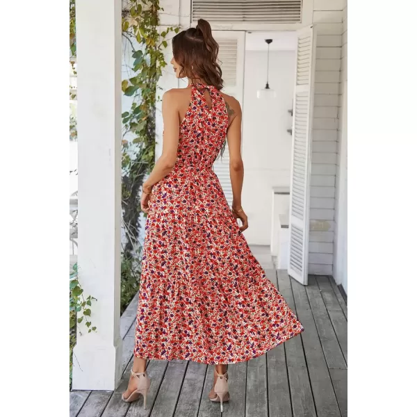 imagePRETTYGARDEN Womens Summer Floral Maxi Sun Dress Sleeveless Halter Neck Flowy Ruffle Hem Long Boho Dresses with BeltFloral Pink