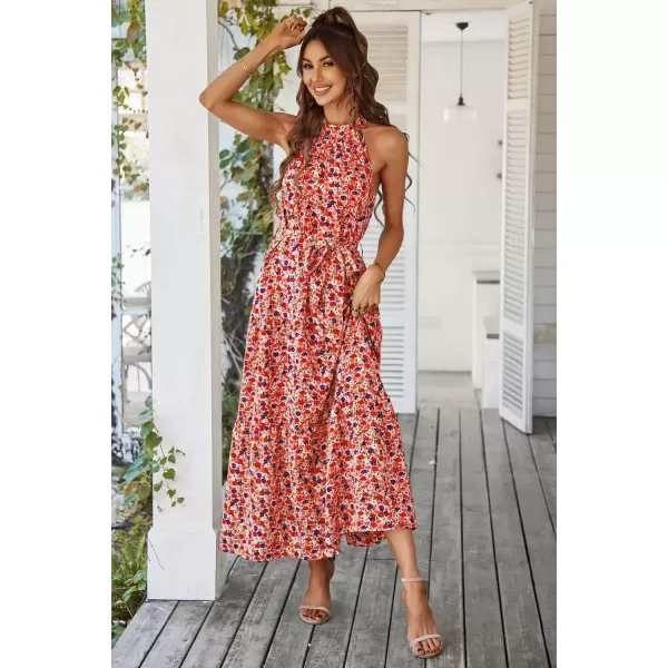 imagePRETTYGARDEN Womens Summer Floral Maxi Sun Dress Sleeveless Halter Neck Flowy Ruffle Hem Long Boho Dresses with BeltFloral Pink