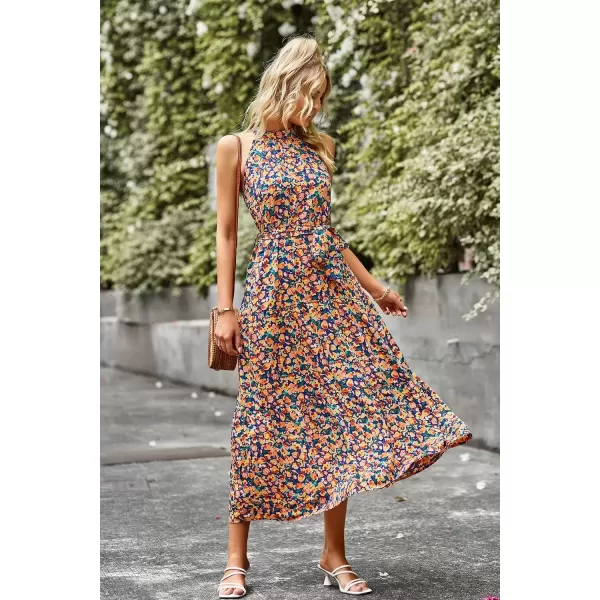 imagePRETTYGARDEN Womens Summer Floral Maxi Sun Dress Sleeveless Halter Neck Flowy Ruffle Hem Long Boho Dresses with BeltFloral Royal Blue