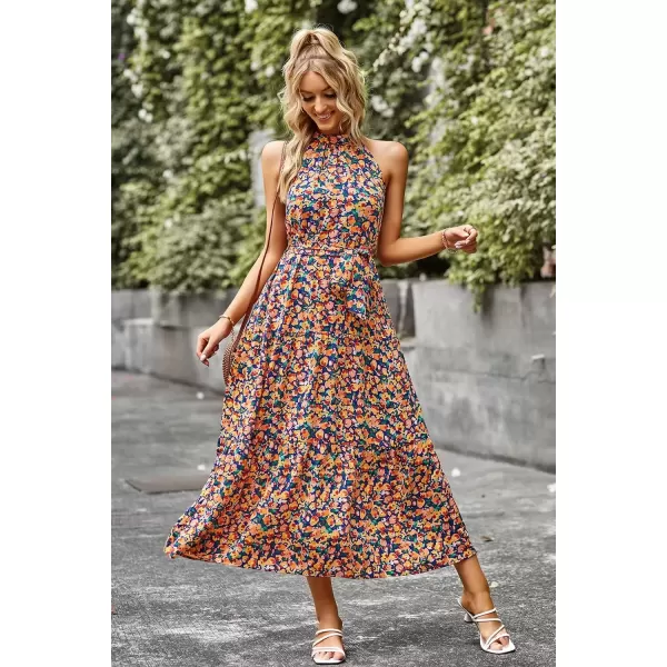 imagePRETTYGARDEN Womens Summer Floral Maxi Sun Dress Sleeveless Halter Neck Flowy Ruffle Hem Long Boho Dresses with BeltFloral Royal Blue