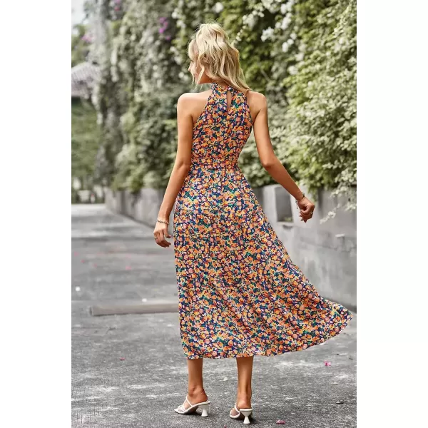 imagePRETTYGARDEN Womens Summer Floral Maxi Sun Dress Sleeveless Halter Neck Flowy Ruffle Hem Long Boho Dresses with BeltFloral Royal Blue