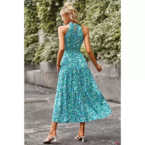 imagePRETTYGARDEN Womens Summer Floral Maxi Sun Dress Sleeveless Halter Neck Flowy Ruffle Hem Long Boho Dresses with BeltFloral Sky Blue