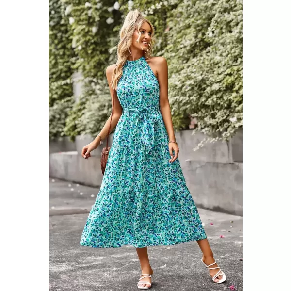 imagePRETTYGARDEN Womens Summer Floral Maxi Sun Dress Sleeveless Halter Neck Flowy Ruffle Hem Long Boho Dresses with BeltFloral Sky Blue