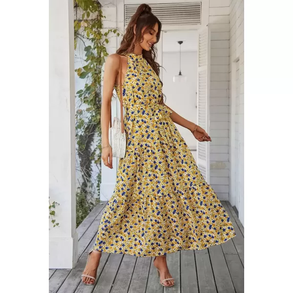 imagePRETTYGARDEN Womens Summer Floral Maxi Sun Dress Sleeveless Halter Neck Flowy Ruffle Hem Long Boho Dresses with BeltFloral Yellow