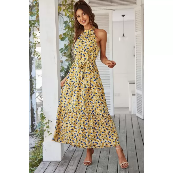 imagePRETTYGARDEN Womens Summer Floral Maxi Sun Dress Sleeveless Halter Neck Flowy Ruffle Hem Long Boho Dresses with BeltFloral Yellow