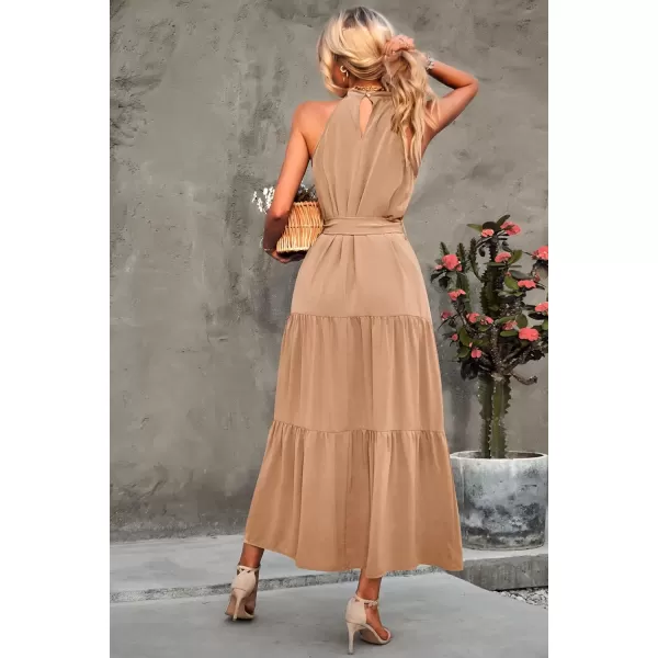 imagePRETTYGARDEN Womens Summer Floral Maxi Sun Dress Sleeveless Halter Neck Flowy Ruffle Hem Long Boho Dresses with BeltSolid Apricot