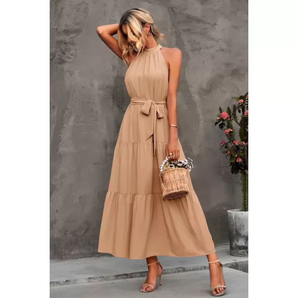 imagePRETTYGARDEN Womens Summer Floral Maxi Sun Dress Sleeveless Halter Neck Flowy Ruffle Hem Long Boho Dresses with BeltSolid Apricot