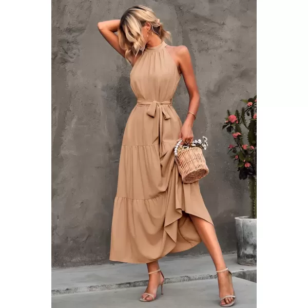 imagePRETTYGARDEN Womens Summer Floral Maxi Sun Dress Sleeveless Halter Neck Flowy Ruffle Hem Long Boho Dresses with BeltSolid Apricot