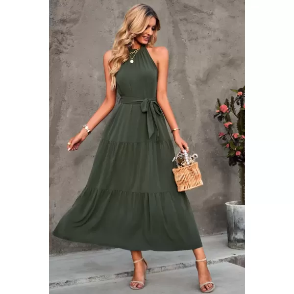 imagePRETTYGARDEN Womens Summer Floral Maxi Sun Dress Sleeveless Halter Neck Flowy Ruffle Hem Long Boho Dresses with BeltSolid Army Green