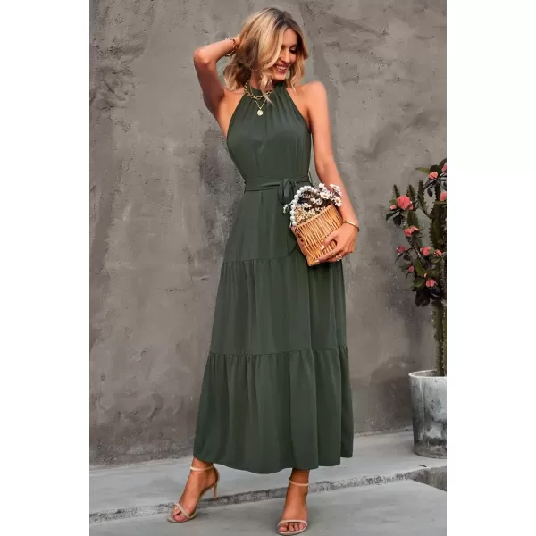 imagePRETTYGARDEN Womens Summer Floral Maxi Sun Dress Sleeveless Halter Neck Flowy Ruffle Hem Long Boho Dresses with BeltSolid Army Green