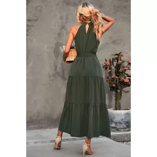 imagePRETTYGARDEN Womens Summer Floral Maxi Sun Dress Sleeveless Halter Neck Flowy Ruffle Hem Long Boho Dresses with BeltSolid Army Green