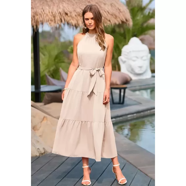 imagePRETTYGARDEN Womens Summer Floral Maxi Sun Dress Sleeveless Halter Neck Flowy Ruffle Hem Long Boho Dresses with BeltSolid Beige