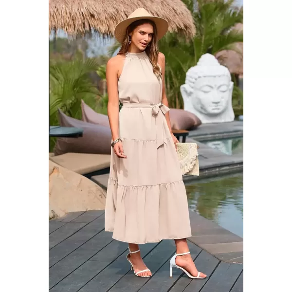 imagePRETTYGARDEN Womens Summer Floral Maxi Sun Dress Sleeveless Halter Neck Flowy Ruffle Hem Long Boho Dresses with BeltSolid Beige