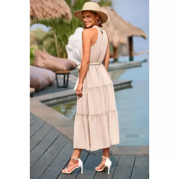 imagePRETTYGARDEN Womens Summer Floral Maxi Sun Dress Sleeveless Halter Neck Flowy Ruffle Hem Long Boho Dresses with BeltSolid Beige
