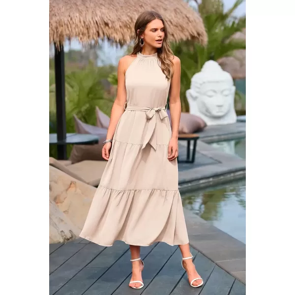 imagePRETTYGARDEN Womens Summer Floral Maxi Sun Dress Sleeveless Halter Neck Flowy Ruffle Hem Long Boho Dresses with BeltSolid Beige