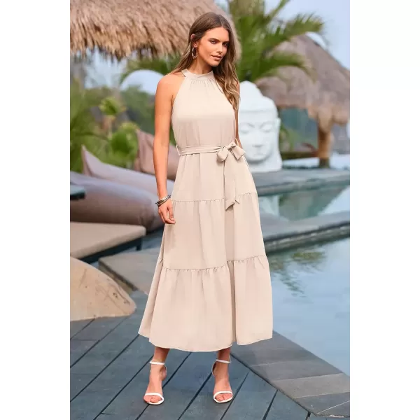 imagePRETTYGARDEN Womens Summer Floral Maxi Sun Dress Sleeveless Halter Neck Flowy Ruffle Hem Long Boho Dresses with BeltSolid Beige